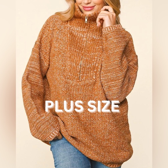 Plus Size Chestnut Brown Two-Tone Fall Half-Zip Pullover Knit Sweater, 1X-2X-3X - Picture 2 of 10